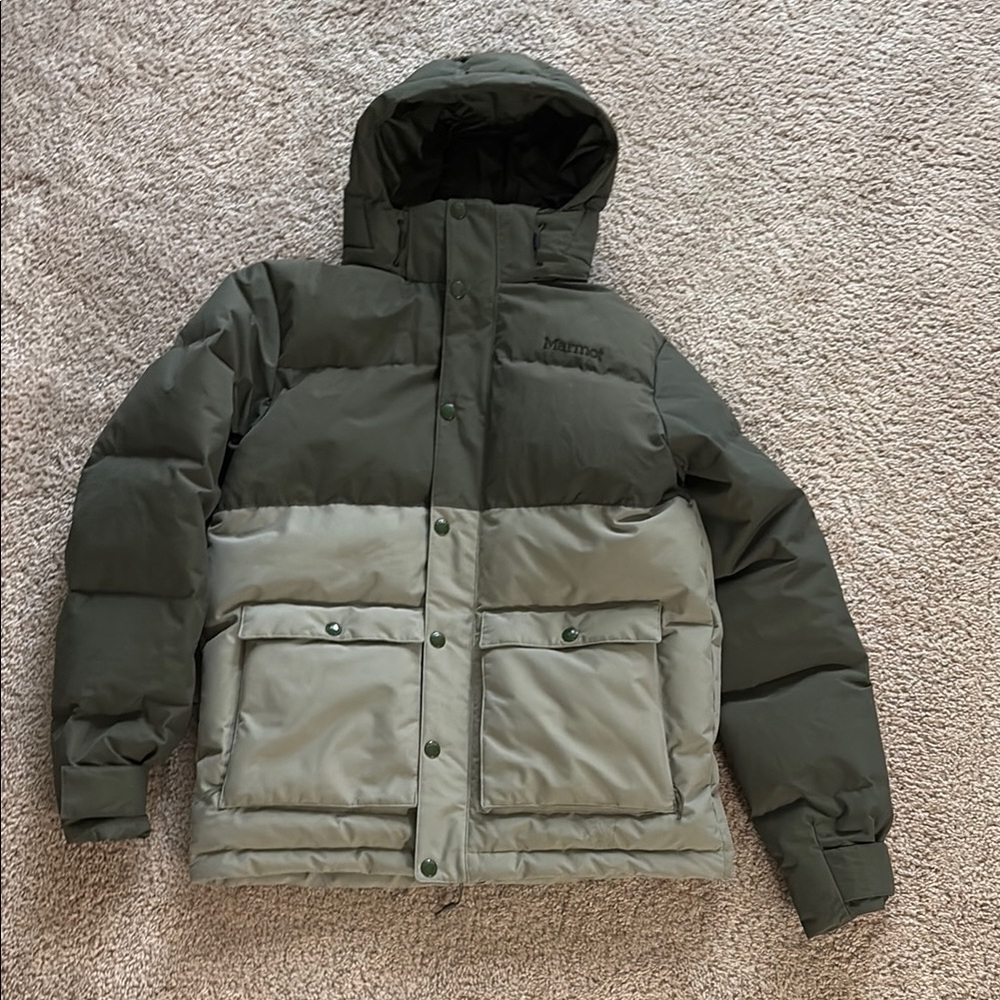 Marmot Green and Gray Puffer Jacket with Hood